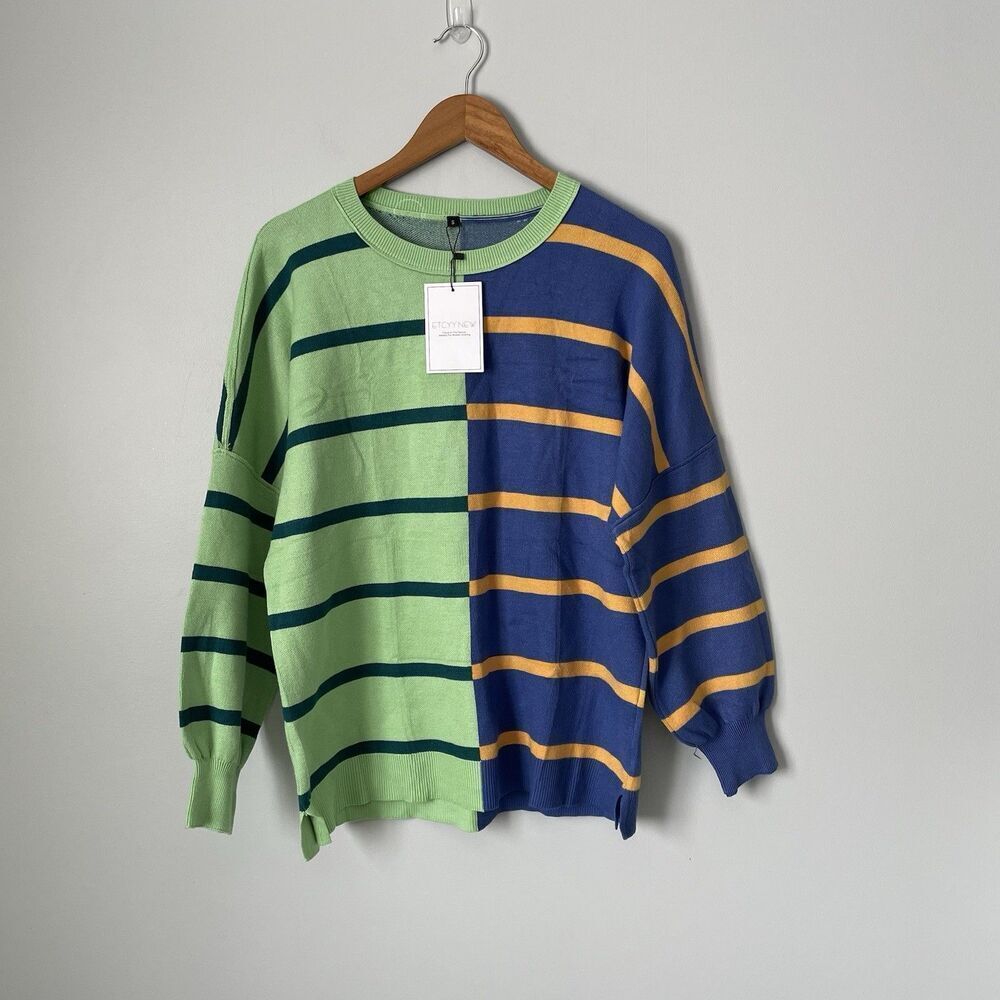 ETCYY NEW Colorblock Striped Oversized Crewneck Sweater Blue Green Small NWT